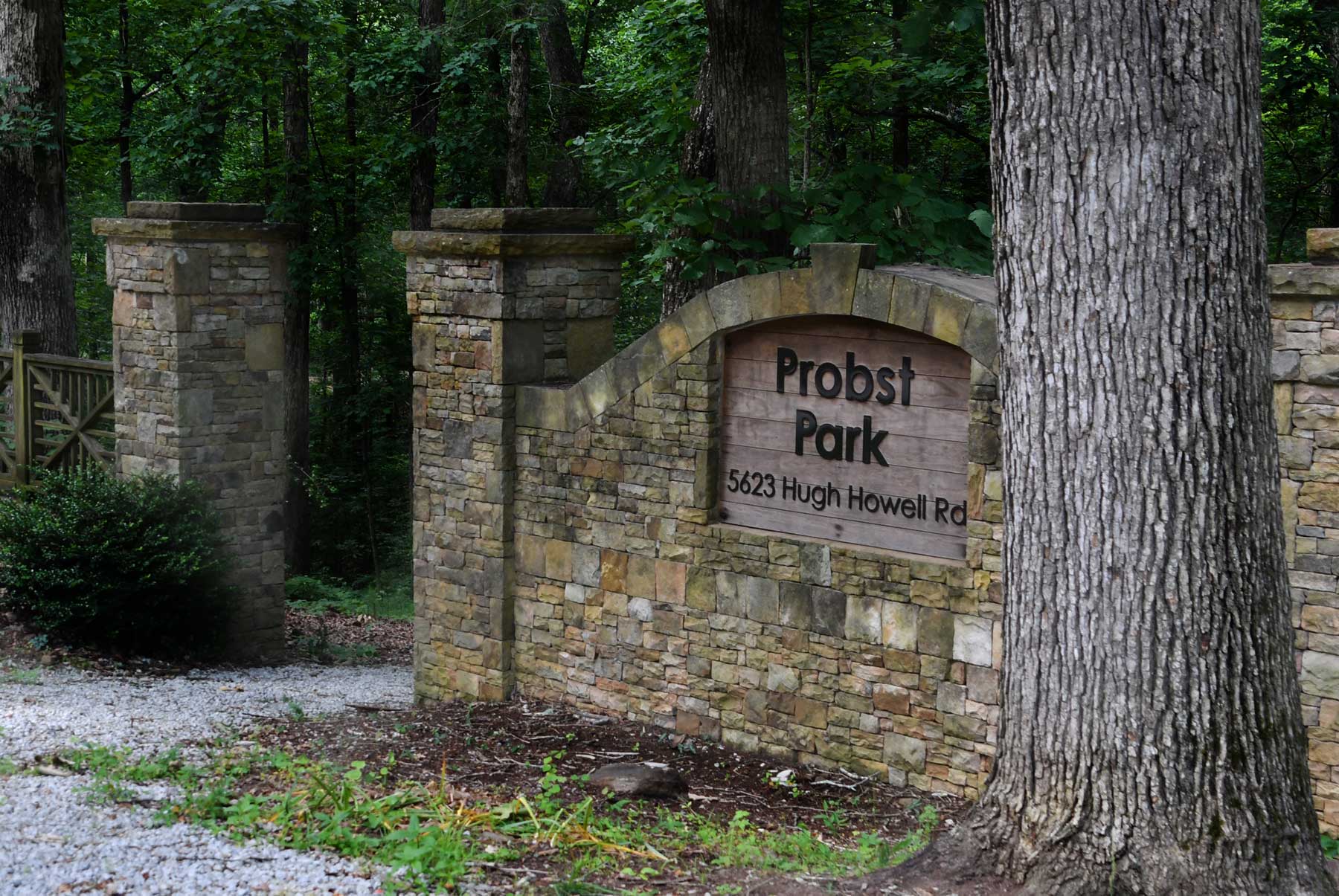 Stone and wooden sign at the entrance to Probst Park