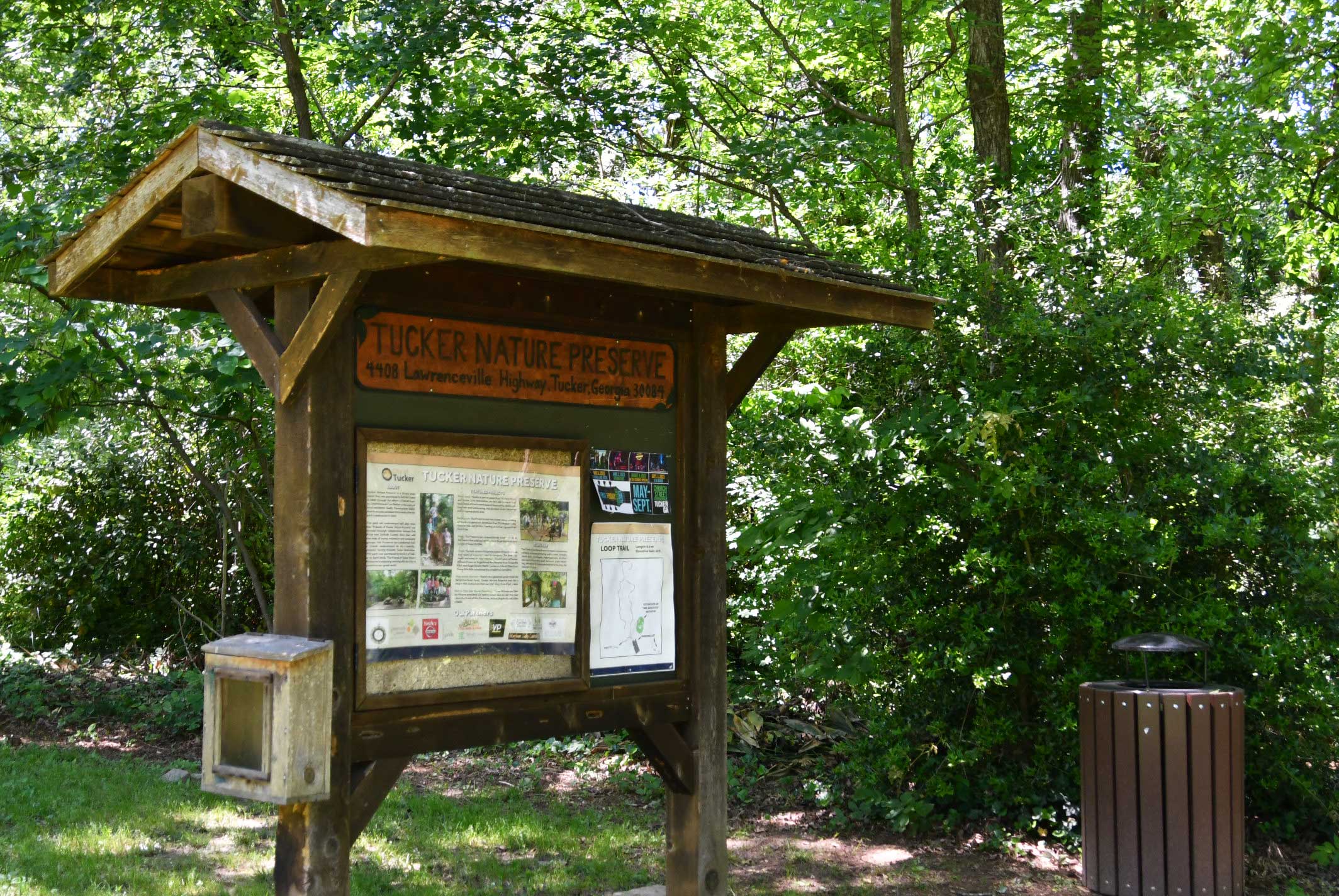 The welcome sign and kiosk at the Tucker Nature Preserve