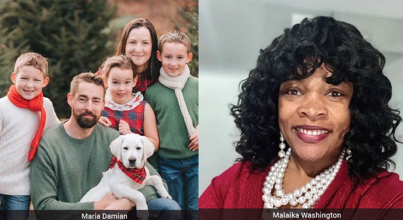 Two pics: Maria Damian and her family on the left and a headshot of Malaika Washington on the right