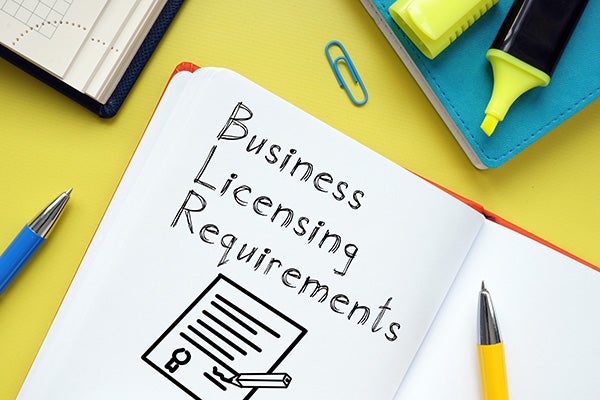 Business Licensing Requirements are written in a paper journal as text.