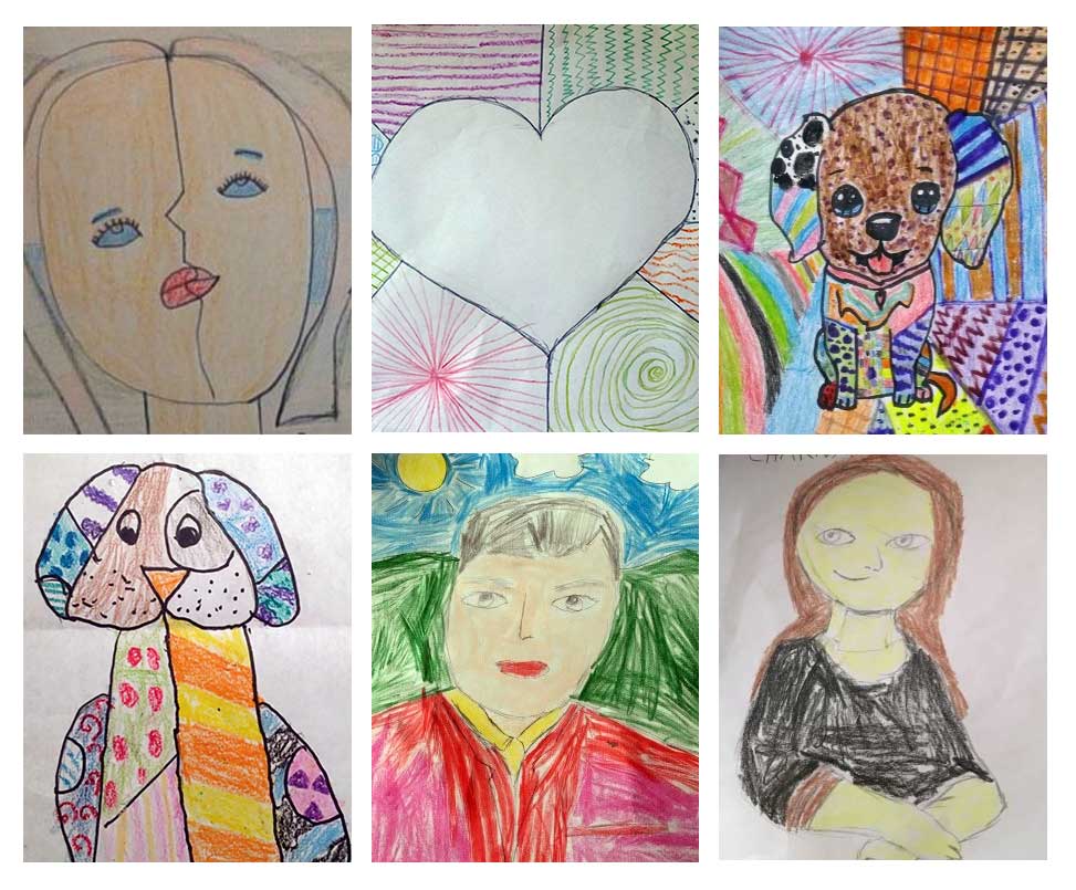 Six images of art created by Inglewood Elementary kids