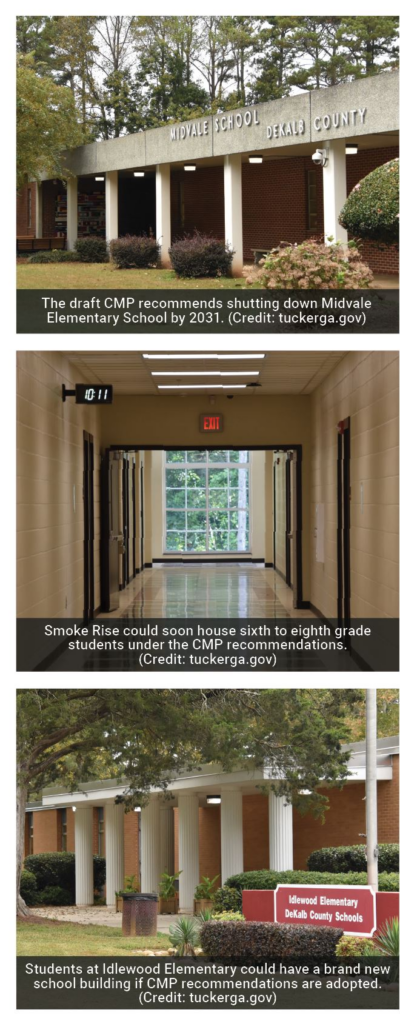 Thee pics of Tucker school buildings: Exterior of Midvale Elementary on top, hallway image of Smoke Rise in the middle, and exterior of Idlewood Elementary