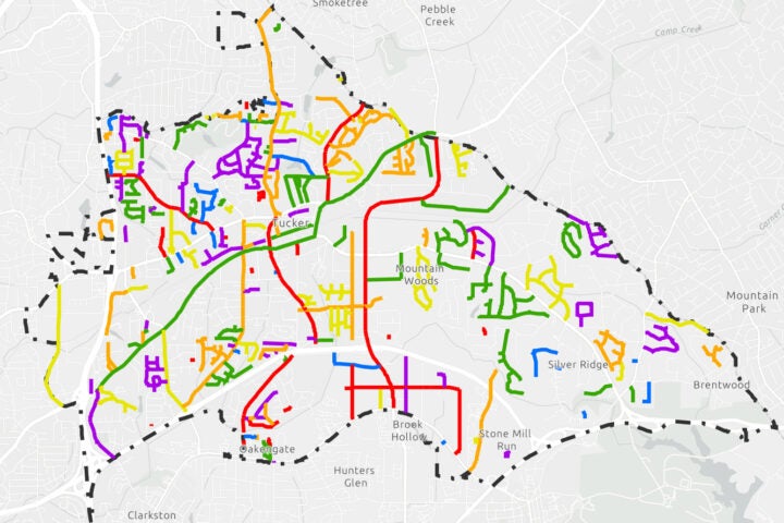 Map of Tucker streets color-coded to indicate when they were last paved.