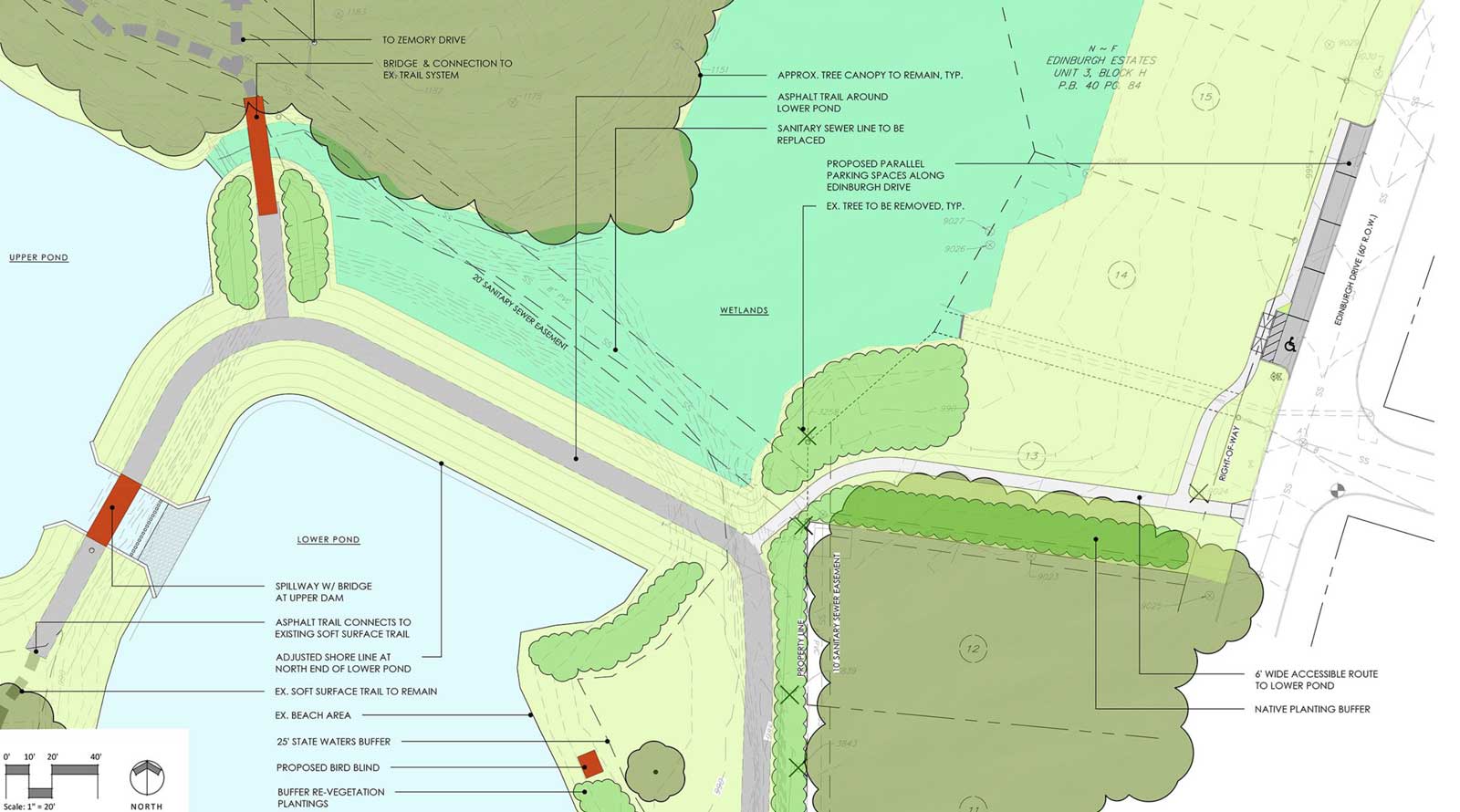 Wetlands and ponds labeled at Johns Homestead Park renovations