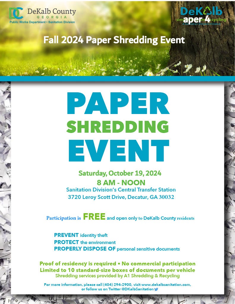 DeKalb County Paper Shredding Event Saturday October 19 2024 8am to noon free to county residents no commercial participaton. limit to 10 standard size boxes per vehicle