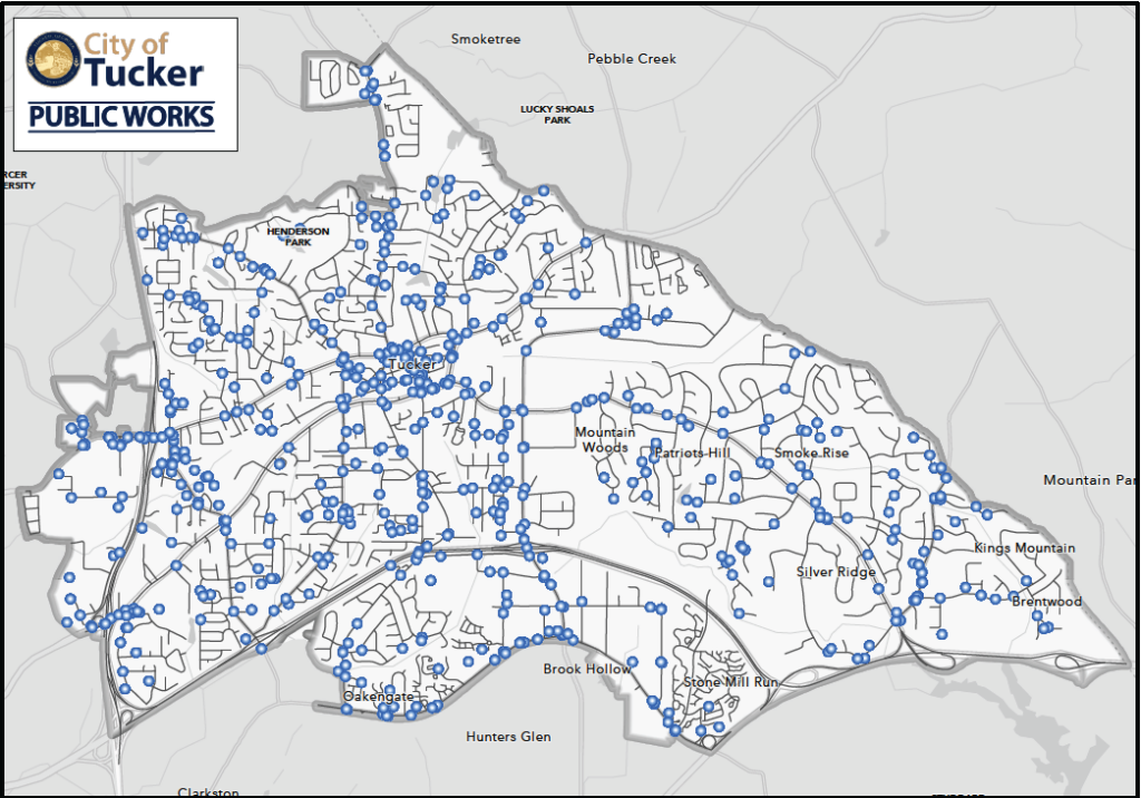 City of Tucker map showing pin locations of completed work orders for the Public Works department.