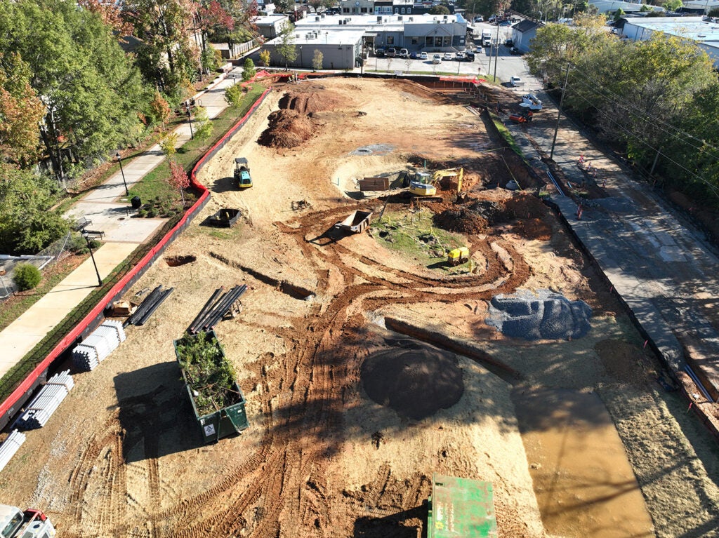 A top-down photo of the construction of the Tucker Town Green.